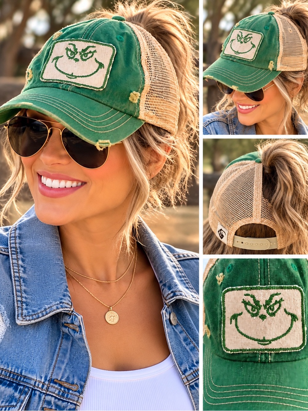 Green Grinch Distressed Trucker Hat Mesh Adjustable Christmas